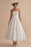 A Line Floral White Strapless Long Bridal Shower Dress