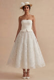 A Line Floral White Strapless Long Bridal Shower Dress