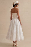 A Line Floral White Strapless Long Bridal Shower Dress