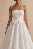 A Line Floral White Strapless Long Bridal Shower Dress