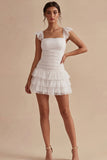 A Line Tiered Ruffled Little White Dress