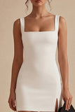 White Bodycon Thick Straps Short Graduation Dress with Slit