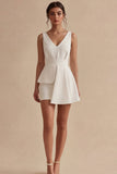 A Line V Neck Ruched Little White Dress