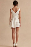 A Line V Neck Ruched Little White Dress