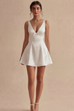 Sleeveless A Line V Neck Little White Dress