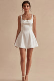 Satin A Line V Neck Little White Dress