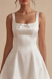 Satin A Line V Neck Little White Dress
