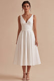 A Line White Thick Straps Midi Engagement Dress