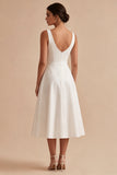 A Line White Thick Straps Midi Engagement Dress