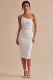 White Sheath One Shoulder Midi Engagement Dress