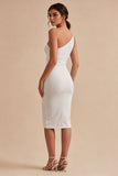 White Sheath One Shoulder Midi Engagement Dress