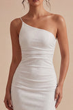 White Sheath One Shoulder Midi Engagement Dress
