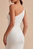 White Sheath One Shoulder Midi Engagement Dress
