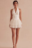 White Halter Neck Sleeveless Short Graduation Dress
