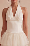 White Halter Neck Sleeveless Short Graduation Dress