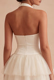 White Halter Neck Sleeveless Short Graduation Dress