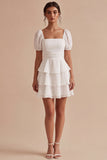 A Line Puff Sleeves Tiered White Short Bridal Shower Dress