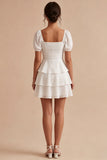 A Line Puff Sleeves Tiered White Short Bridal Shower Dress