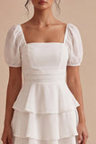 A Line Puff Sleeves Tiered White Short Bridal Shower Dress