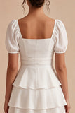 A Line Puff Sleeves Tiered White Short Bridal Shower Dress