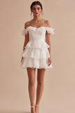 Off the Shoulder Ruffled White Short Bridal Shower Dress