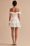 Off the Shoulder Ruffled White Short Bridal Shower Dress