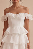 Off the Shoulder Ruffled White Short Bridal Shower Dress
