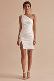 Bodycon White Ruched Short Graduation Dress with Slit