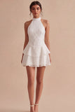 Halter Neck A Line White Short Graduation Dress