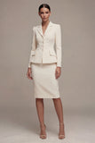 Long Sleeves Ivory Peak Lapel Midi Blazer Dress