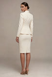 Long Sleeves Ivory Peak Lapel Midi Blazer Dress