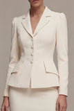 Long Sleeves Ivory Peak Lapel Midi Blazer Dress