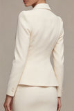 Long Sleeves Ivory Peak Lapel Midi Blazer Dress