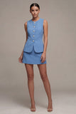 Steel Blue Single Breasted Round Neck Short Work Dress