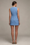 Steel Blue Single Breasted Round Neck Short Work Dress