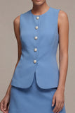 Steel Blue Single Breasted Round Neck Short Work Dress