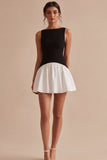 Black and White A Line Round Neck Little Black Dress