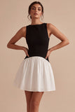 Black and White A Line Round Neck Little Black Dress