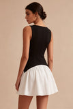 Black and White A Line Round Neck Little Black Dress