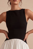 Black and White A Line Round Neck Little Black Dress