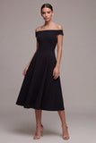 Off the Shoulder A Line Midi Little Black Dress
