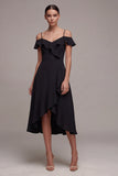 Cold Shoulder A Line Ruffled Midi Little Black Dress