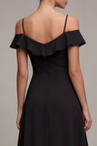 Cold Shoulder A Line Ruffled Midi Little Black Dress
