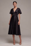 Black A Line V Neck Midi Formal Dress