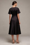 Black A Line V Neck Midi Formal Dress