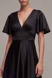 Black A Line V Neck Midi Formal Dress