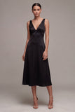 V Neck Black A Line Midi Formal Dress
