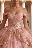 Pink Floral Tiered Ball Gown Long Quinceanera Dress