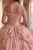 Pink Floral Tiered Ball Gown Long Quinceanera Dress