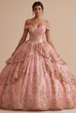 Pink Floral Tiered Ball Gown Long Quinceanera Dress